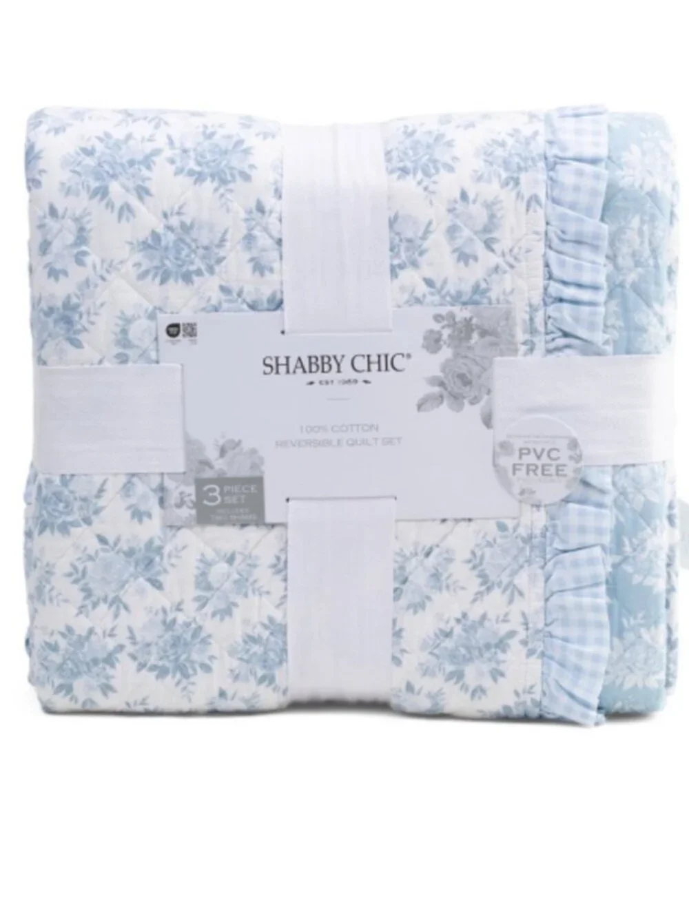 Shabby Chic Light Blue Floral Reversible Quilt Set with Gingham Ruffle